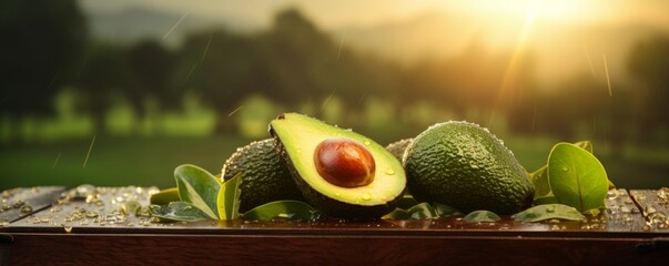 Fresh ripe bio avocados from farm in wooden box,  food bannner. Generative Ai.