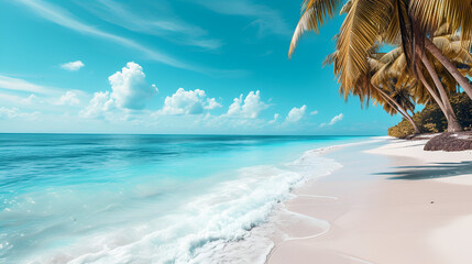 An Inviting View of a Beautiful Tropical Beach with White Sandy Shoreline and Coconut Palm Trees. Generative Ai
