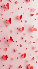 Artistic image with 3D render of various red and pink hearts floating on a solid pink background