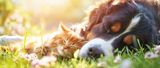 Spring fatigue - Pet animal photography background - Dog and cat sleeping chilling relaxing together on fresh green spring or summer meadow, illuminated by the sun
