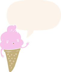 cute cartoon ice cream and speech bubble in retro style