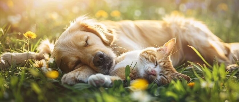 Spring fatigue - Pet animal photography background - Dog and cat sleeping chilling relaxing together on fresh green spring or summer meadow, illuminated by the sun