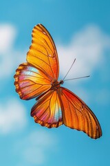 An exquisite orange butterfly with delicate wings spread, gliding gracefully in a clear blue sky