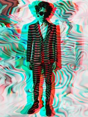 A suit-clad man stands against a backdrop with a distorted reality effect, evoking a sense of disorientation