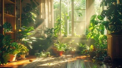 5w a sunlit room with potted plants on the floor, in the style of detailed dreamscapes, lush scenery, sunrays shine upon it, rachel ruysch, realistic lighting, lively nature scenes, pentax espio mini 