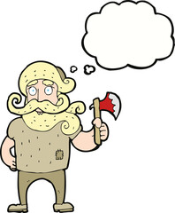 cartoon lumberjack with axe with thought bubble