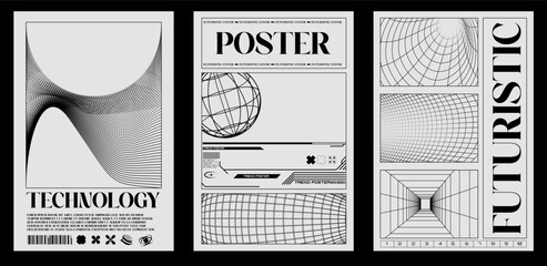 Set of three monochrome posters featuring abstract geometric designs and the word with grid figure in y2k style in a sleek, futuristic style. Modern Tech-Inspired Poster Set with Geometric Shapes. - obrazy, fototapety, plakaty
