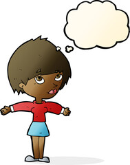 cartoon woman with open arms with thought bubble