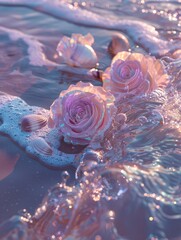 Dreamy visual of pink roses and shells gently floating on water, touched by the brilliance of glittering light
