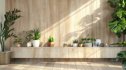 A mid century modern wall with shelves, a couple plants on the shelves. white oak aesthetic. only white oak walls. clean. white aesthetic. photo realistic.​