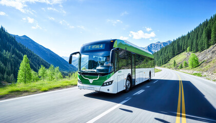 A long title for this image could be: "A green and white bus drives through the mountains on a sunny day - Powered by Adobe