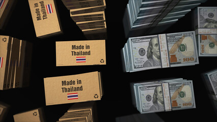 Made in Thailand box and US Dollar money pack 3d illustration