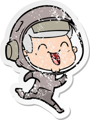 distressed sticker of a happy cartoon astronaut
