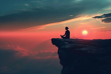 A person is seen sitting on top of a cliff, silhouetted against a colorful sunset in the background. The individual appears contemplative as they take in the stunning view. Generative AI