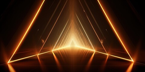 Neon light abstract background. Triangle tunnel or corridor sepia colors neon glowing lights. Laser...