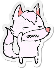 distressed sticker of a cartoon wolf showing teeth