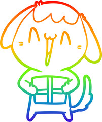 rainbow gradient line drawing cute cartoon dog with christmas present