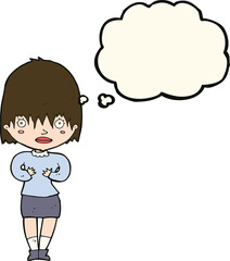 cartoon woman making Who Me? gesture with thought bubble