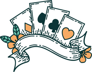 tattoo style icon of cards and banner