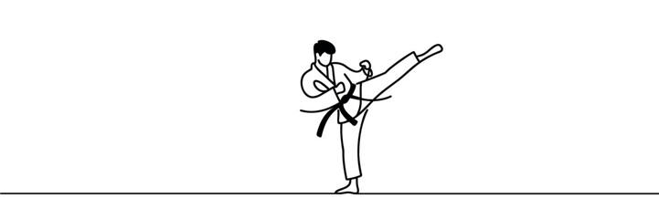 Continuous one line drawing of a young man, a karateka in a kimono, practicing karate fighting. One line. Vector illustration.