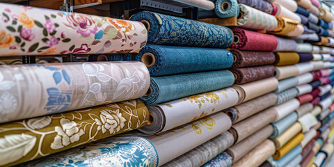 Colorful Fabric Selection Assortment. Assorted textiles rolls on display in fabric store, nobody, copy space.    - obrazy, fototapety, plakaty