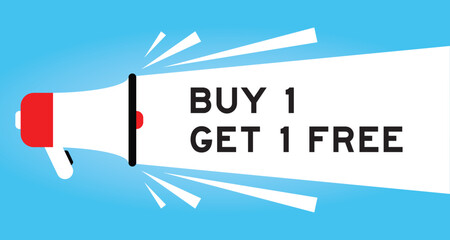Color megaphone icon with word buy 1 get 1 free in white banner on blue background