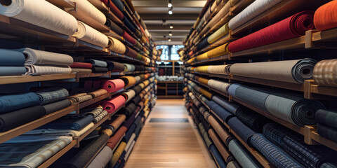 Colorful Fabric Selection Assortment. Assorted textiles rolls on display in fabric store, nobody, copy space.    - Powered by Adobe