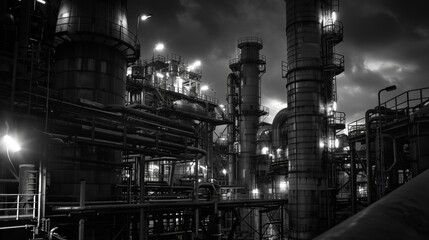 A black and white photo of an oil refinery at night, with a cloudy sky and lights illuminating the...
