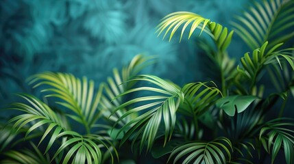 Dark Green Palm Leaves on Vibrant Blue Background.