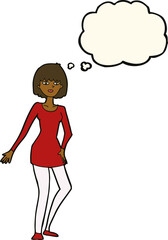 cartoon woman in dress with thought bubble