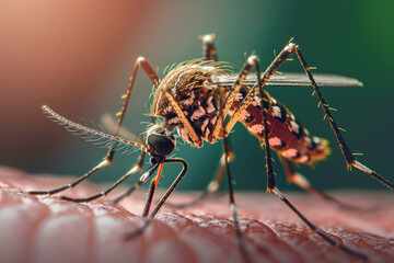 Close-up of a mosquito on human skin highlighting a nuisance for social media. Generative Ai - obrazy, fototapety, plakaty