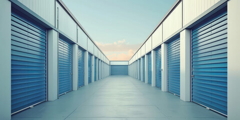 Outdoor Storage Unit Facility. Big storage facility with individual units garages with doors for storage or parking.  