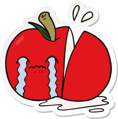 sticker of a cartoon sad sliced apple