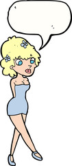 cartoon woman posing in dress with speech bubble