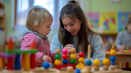 Preschool Teacher with Children Playing Colorful Educational Toys. Early Childhood Education Concept. Generative Ai