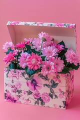 Pink-themed bloom box filled with a mix of fresh, colorful flowers offering a delightful and aromatic decoration