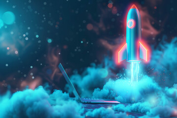 Digital illustration of rocket and laptop background with blue neon light. Generative AI