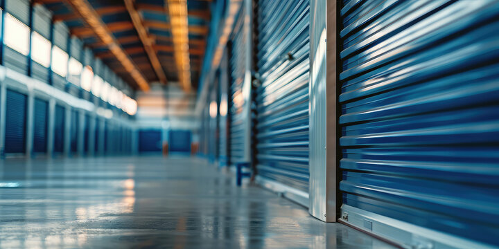 Indoor Storage Unit Facility. Big storage facility with individual units garages with doors for storage or parking.  