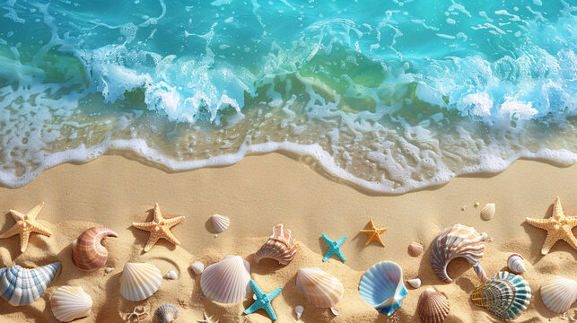 A serene beach scene with shells