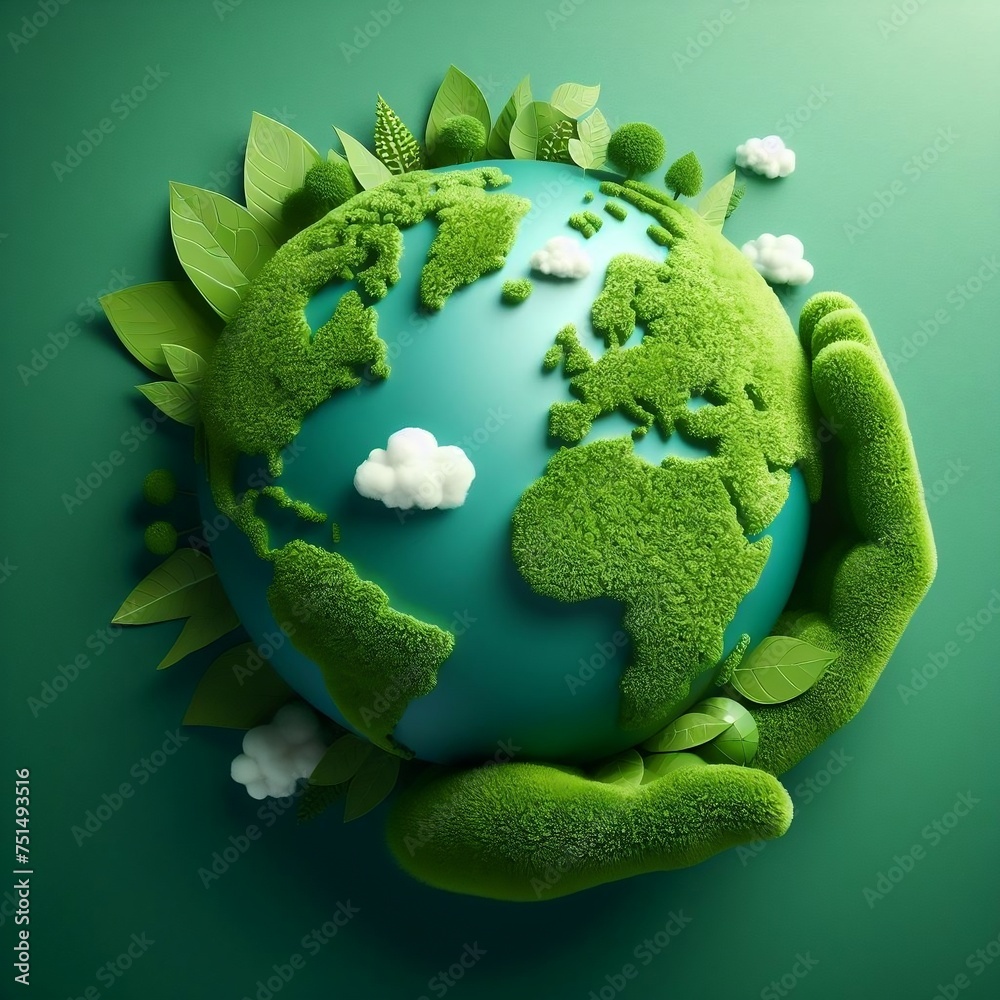 Wall mural planet earth on a green background. green continents made from the crown of a tree. clear azure wate