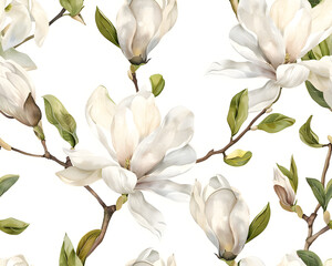 Obraz premium Seamless watercolor pattern of white magnolia flowers blooming in spring, isolated on a white background