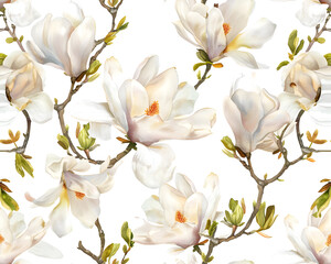 Fototapeta na wymiar Seamless watercolor pattern of white magnolia flowers blooming in spring, isolated on a white background