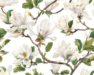 Fototapeta premium Seamless watercolor pattern of white magnolia flowers blooming in spring, isolated on a white background