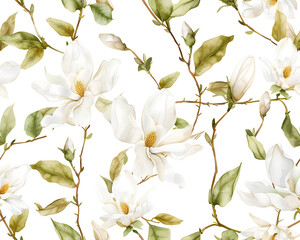 Seamless watercolor pattern of white magnolia flowers blooming in spring, isolated on a white background