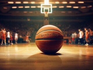 Basketball ball on the floor of a basketball court during the game