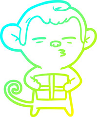 cold gradient line drawing cartoon suspicious monkey with present