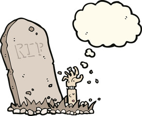 cartoon zombie rising from grave with thought bubble