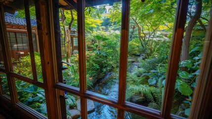  A photo of a garden view with a stream, seen from a window. The stream is surrounded by trees and plants, and there is a small house in the background.