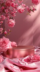 Soft pink silk fabric elegantly drapes around a round pedestal adorned with beautiful roses, perfect for showcasing luxury products