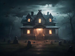 Fototapeta na wymiar Spooky haunted house in foggy forest, 3D Rendering